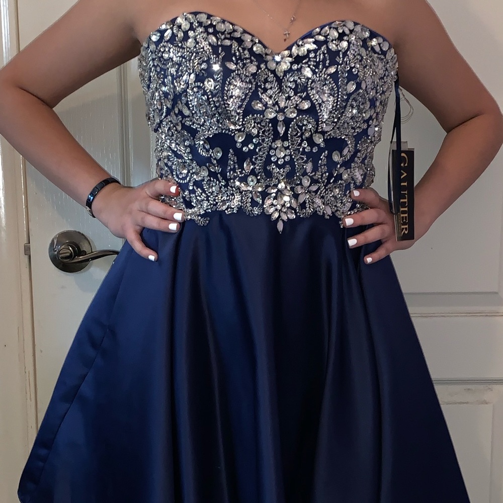 Navy blue beaded short prom dress. New with tags.